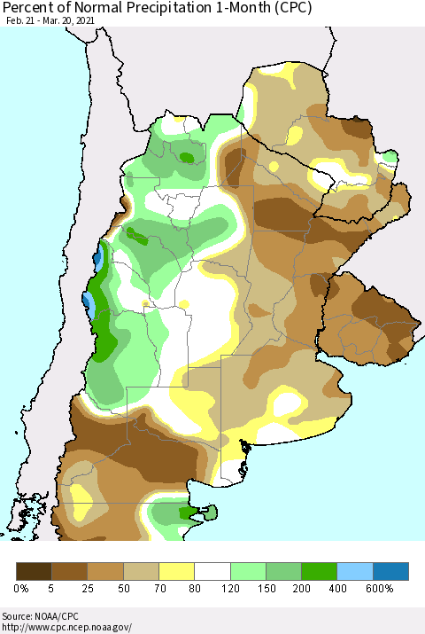 Southern South America Percent of Normal Precipitation 1-Month (CPC) Thematic Map For 2/21/2021 - 3/20/2021