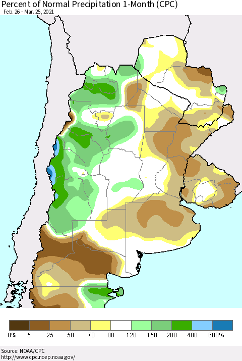Southern South America Percent of Normal Precipitation 1-Month (CPC) Thematic Map For 2/26/2021 - 3/25/2021