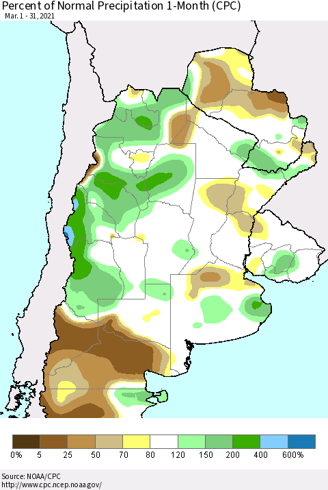 Southern South America Percent of Normal Precipitation 1-Month (CPC) Thematic Map For 3/1/2021 - 3/31/2021