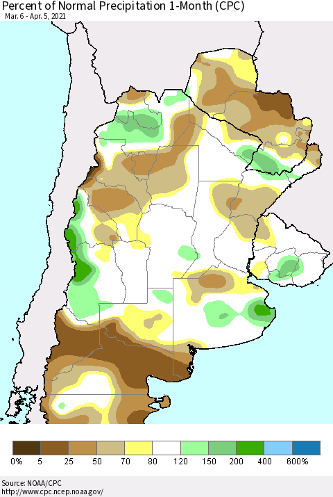 Southern South America Percent of Normal Precipitation 1-Month (CPC) Thematic Map For 3/6/2021 - 4/5/2021