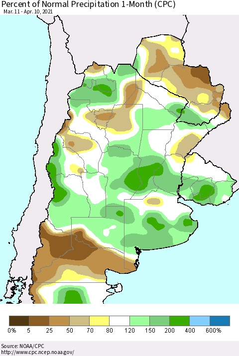 Southern South America Percent of Normal Precipitation 1-Month (CPC) Thematic Map For 3/11/2021 - 4/10/2021