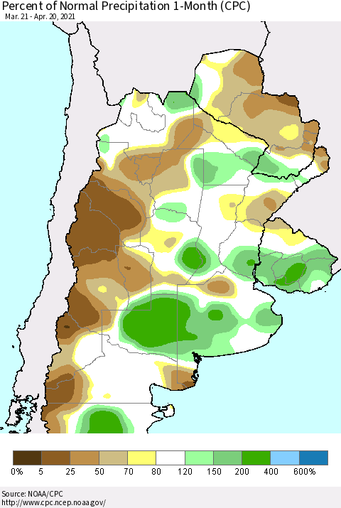 Southern South America Percent of Normal Precipitation 1-Month (CPC) Thematic Map For 3/21/2021 - 4/20/2021