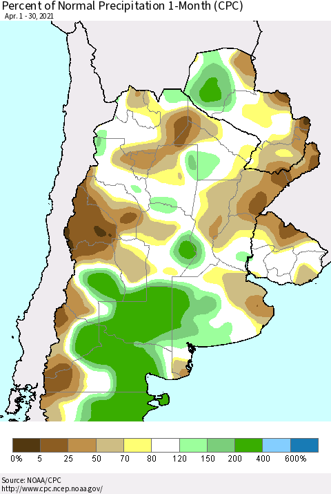 Southern South America Percent of Normal Precipitation 1-Month (CPC) Thematic Map For 4/1/2021 - 4/30/2021
