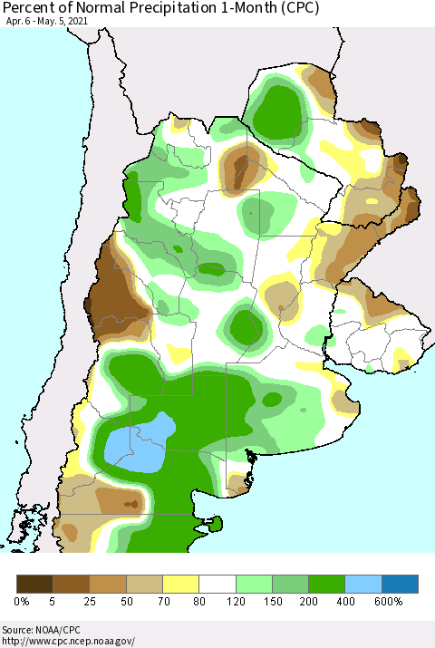 Southern South America Percent of Normal Precipitation 1-Month (CPC) Thematic Map For 4/6/2021 - 5/5/2021