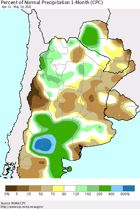 Southern South America Percent of Normal Precipitation 1-Month (CPC) Thematic Map For 4/11/2021 - 5/10/2021