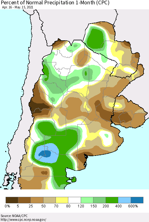 Southern South America Percent of Normal Precipitation 1-Month (CPC) Thematic Map For 4/16/2021 - 5/15/2021