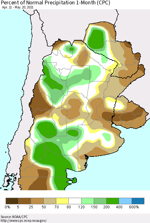 Southern South America Percent of Normal Precipitation 1-Month (CPC) Thematic Map For 4/21/2021 - 5/20/2021