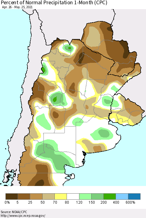 Southern South America Percent of Normal Precipitation 1-Month (CPC) Thematic Map For 4/26/2021 - 5/25/2021