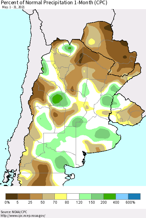 Southern South America Percent of Normal Precipitation 1-Month (CPC) Thematic Map For 5/1/2021 - 5/31/2021
