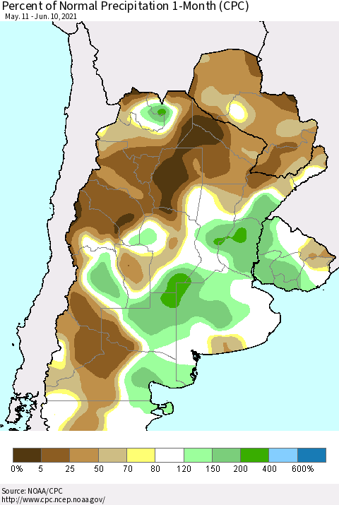 Southern South America Percent of Normal Precipitation 1-Month (CPC) Thematic Map For 5/11/2021 - 6/10/2021