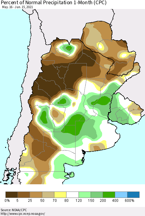 Southern South America Percent of Normal Precipitation 1-Month (CPC) Thematic Map For 5/16/2021 - 6/15/2021