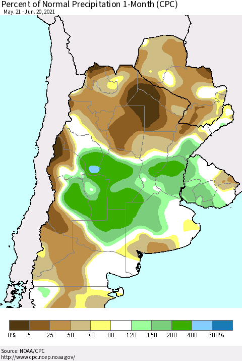Southern South America Percent of Normal Precipitation 1-Month (CPC) Thematic Map For 5/21/2021 - 6/20/2021
