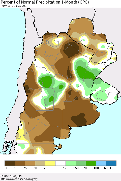 Southern South America Percent of Normal Precipitation 1-Month (CPC) Thematic Map For 5/26/2021 - 6/25/2021
