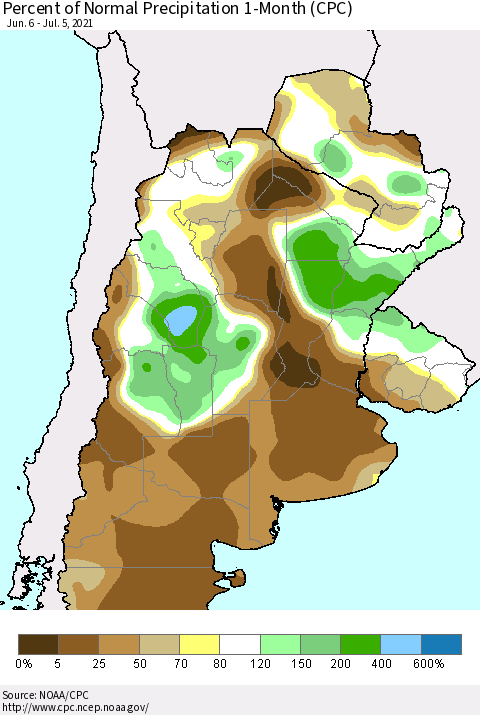 Southern South America Percent of Normal Precipitation 1-Month (CPC) Thematic Map For 6/6/2021 - 7/5/2021