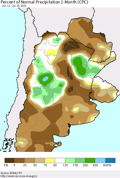 Southern South America Percent of Normal Precipitation 1-Month (CPC) Thematic Map For 6/11/2021 - 7/10/2021