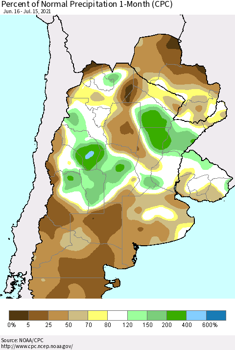 Southern South America Percent of Normal Precipitation 1-Month (CPC) Thematic Map For 6/16/2021 - 7/15/2021