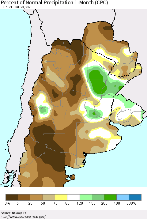 Southern South America Percent of Normal Precipitation 1-Month (CPC) Thematic Map For 6/21/2021 - 7/20/2021