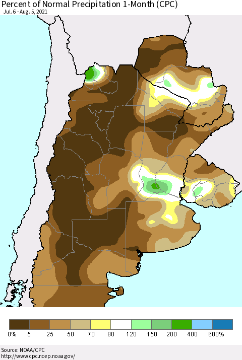 Southern South America Percent of Normal Precipitation 1-Month (CPC) Thematic Map For 7/6/2021 - 8/5/2021