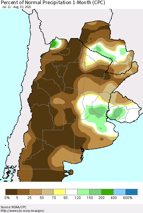 Southern South America Percent of Normal Precipitation 1-Month (CPC) Thematic Map For 7/11/2021 - 8/10/2021