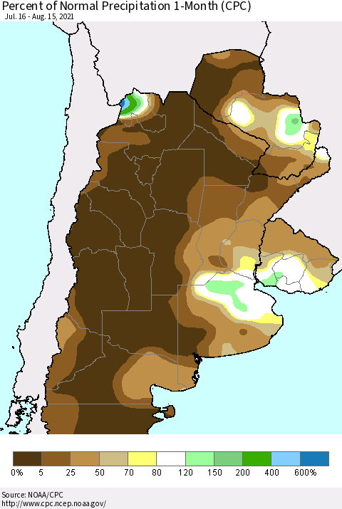Southern South America Percent of Normal Precipitation 1-Month (CPC) Thematic Map For 7/16/2021 - 8/15/2021