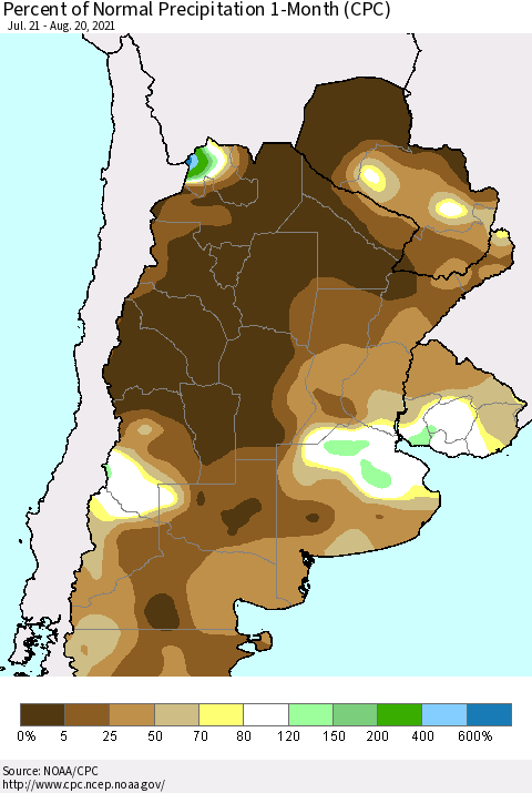 Southern South America Percent of Normal Precipitation 1-Month (CPC) Thematic Map For 7/21/2021 - 8/20/2021