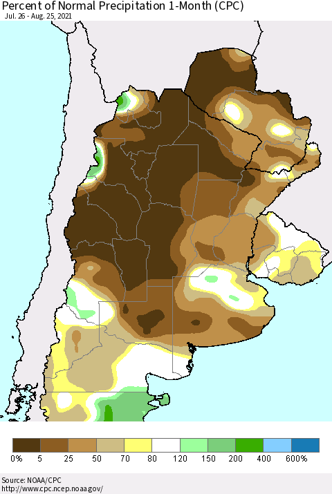 Southern South America Percent of Normal Precipitation 1-Month (CPC) Thematic Map For 7/26/2021 - 8/25/2021