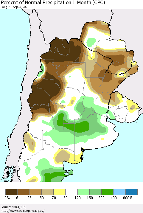 Southern South America Percent of Normal Precipitation 1-Month (CPC) Thematic Map For 8/6/2021 - 9/5/2021
