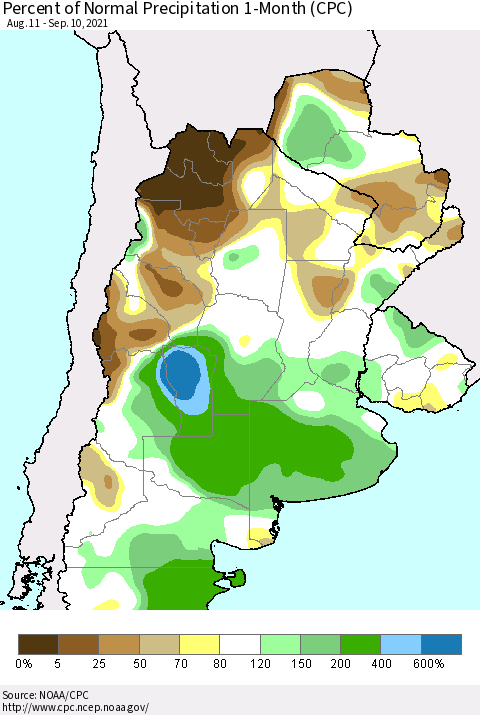 Southern South America Percent of Normal Precipitation 1-Month (CPC) Thematic Map For 8/11/2021 - 9/10/2021