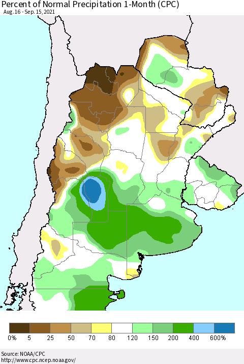 Southern South America Percent of Normal Precipitation 1-Month (CPC) Thematic Map For 8/16/2021 - 9/15/2021