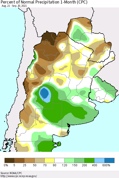 Southern South America Percent of Normal Precipitation 1-Month (CPC) Thematic Map For 8/21/2021 - 9/20/2021