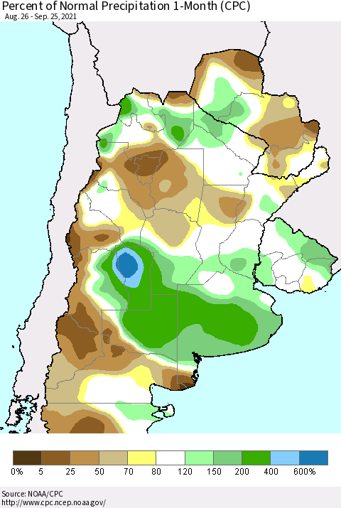 Southern South America Percent of Normal Precipitation 1-Month (CPC) Thematic Map For 8/26/2021 - 9/25/2021