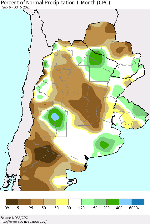 Southern South America Percent of Normal Precipitation 1-Month (CPC) Thematic Map For 9/6/2021 - 10/5/2021