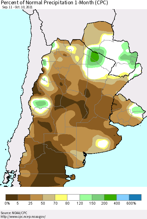 Southern South America Percent of Normal Precipitation 1-Month (CPC) Thematic Map For 9/11/2021 - 10/10/2021