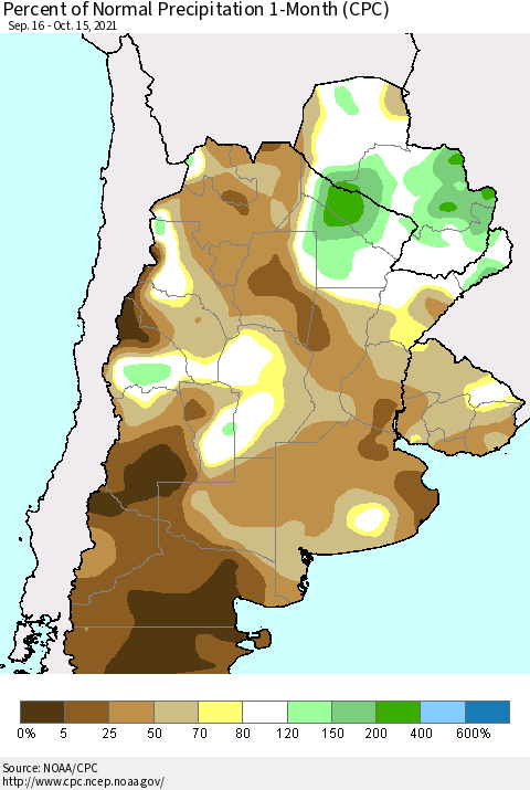 Southern South America Percent of Normal Precipitation 1-Month (CPC) Thematic Map For 9/16/2021 - 10/15/2021