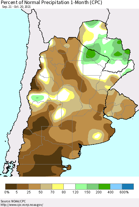 Southern South America Percent of Normal Precipitation 1-Month (CPC) Thematic Map For 9/21/2021 - 10/20/2021