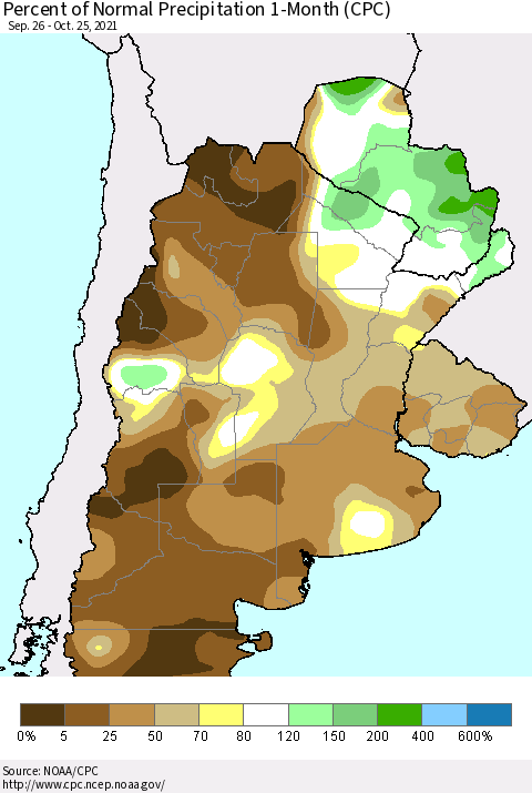 Southern South America Percent of Normal Precipitation 1-Month (CPC) Thematic Map For 9/26/2021 - 10/25/2021