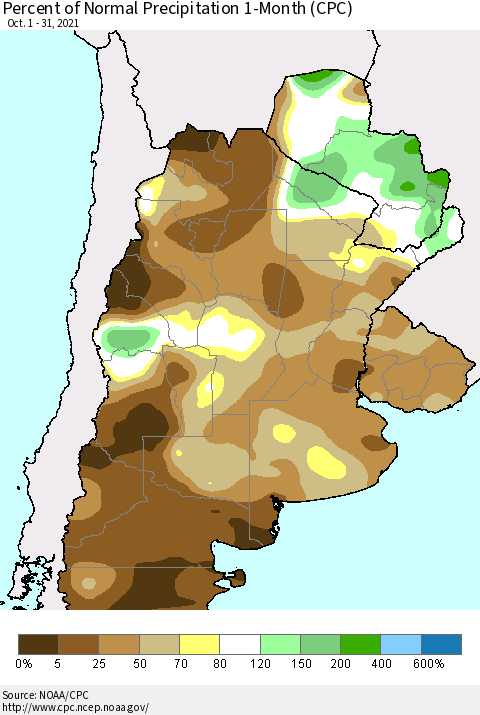 Southern South America Percent of Normal Precipitation 1-Month (CPC) Thematic Map For 10/1/2021 - 10/31/2021