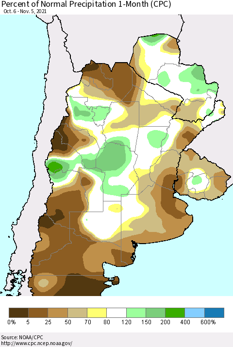 Southern South America Percent of Normal Precipitation 1-Month (CPC) Thematic Map For 10/6/2021 - 11/5/2021