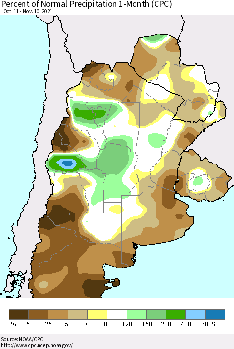 Southern South America Percent of Normal Precipitation 1-Month (CPC) Thematic Map For 10/11/2021 - 11/10/2021