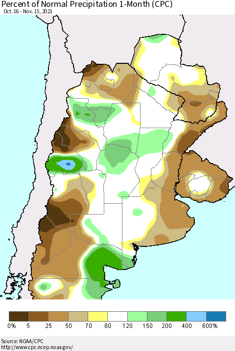 Southern South America Percent of Normal Precipitation 1-Month (CPC) Thematic Map For 10/16/2021 - 11/15/2021