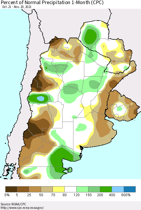 Southern South America Percent of Normal Precipitation 1-Month (CPC) Thematic Map For 10/21/2021 - 11/20/2021