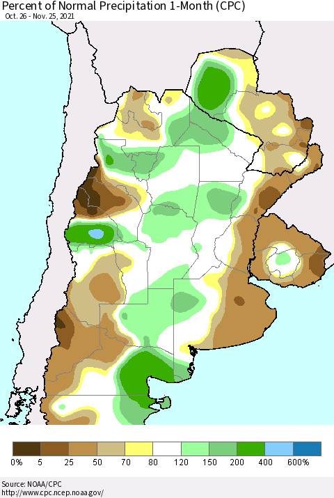 Southern South America Percent of Normal Precipitation 1-Month (CPC) Thematic Map For 10/26/2021 - 11/25/2021