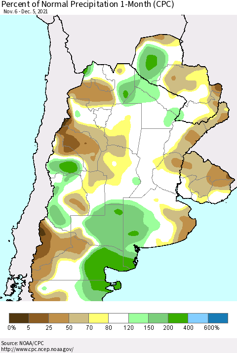 Southern South America Percent of Normal Precipitation 1-Month (CPC) Thematic Map For 11/6/2021 - 12/5/2021