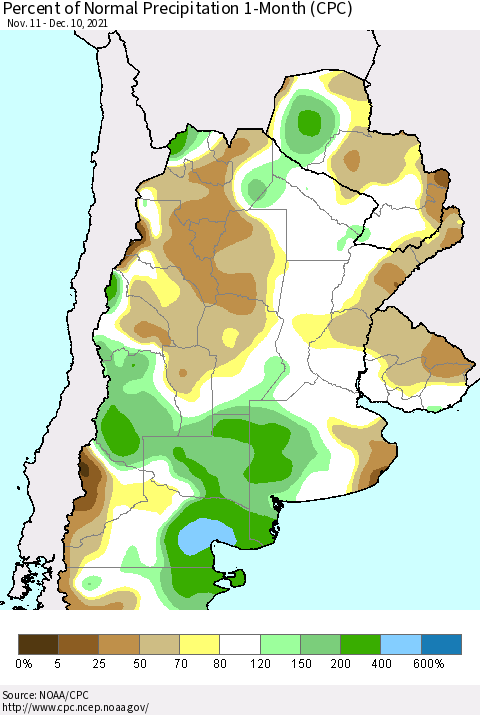 Southern South America Percent of Normal Precipitation 1-Month (CPC) Thematic Map For 11/11/2021 - 12/10/2021