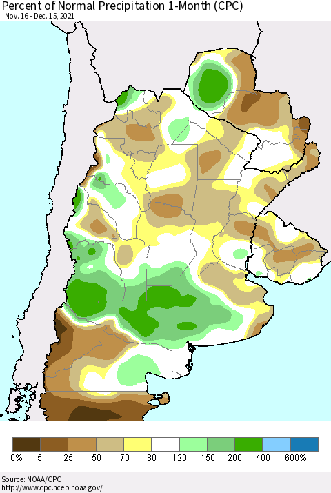 Southern South America Percent of Normal Precipitation 1-Month (CPC) Thematic Map For 11/16/2021 - 12/15/2021