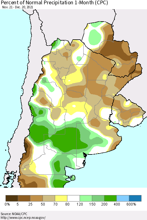 Southern South America Percent of Normal Precipitation 1-Month (CPC) Thematic Map For 11/21/2021 - 12/20/2021