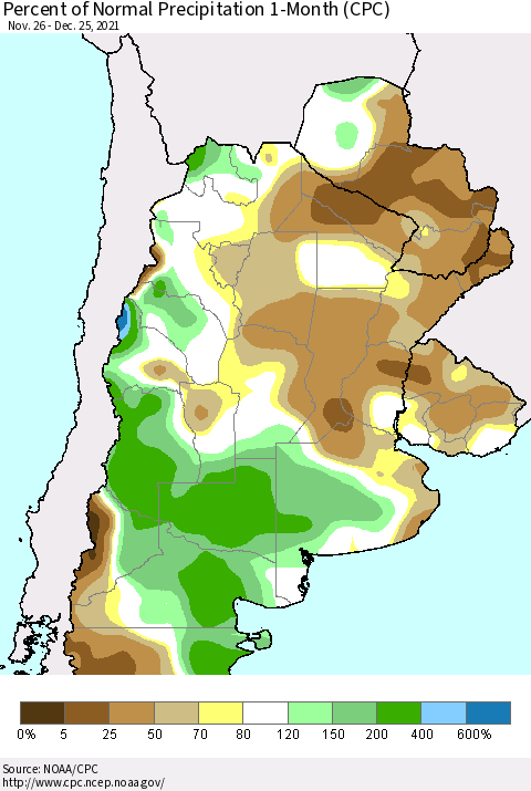 Southern South America Percent of Normal Precipitation 1-Month (CPC) Thematic Map For 11/26/2021 - 12/25/2021
