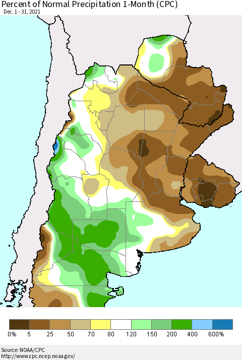 Southern South America Percent of Normal Precipitation 1-Month (CPC) Thematic Map For 12/1/2021 - 12/31/2021