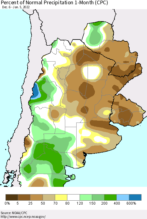Southern South America Percent of Normal Precipitation 1-Month (CPC) Thematic Map For 12/6/2021 - 1/5/2022