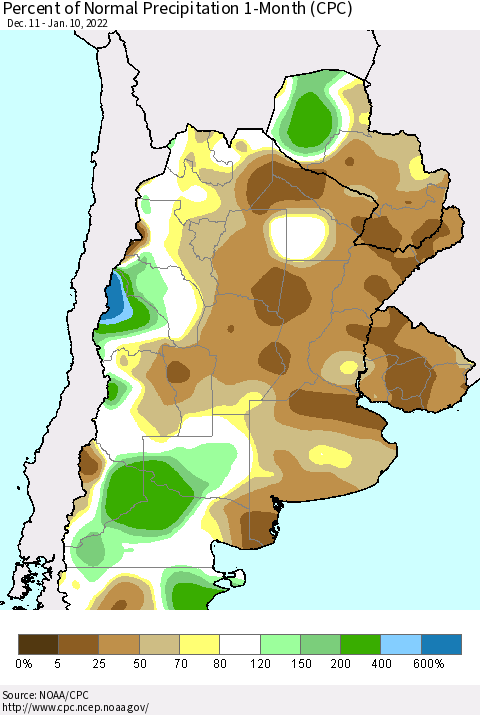 Southern South America Percent of Normal Precipitation 1-Month (CPC) Thematic Map For 12/11/2021 - 1/10/2022